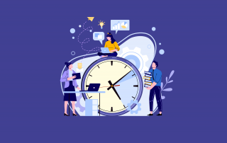 Three individuals engage in various work-related activities around a large clock, symbolizing time management and productivity in a website design project environment.