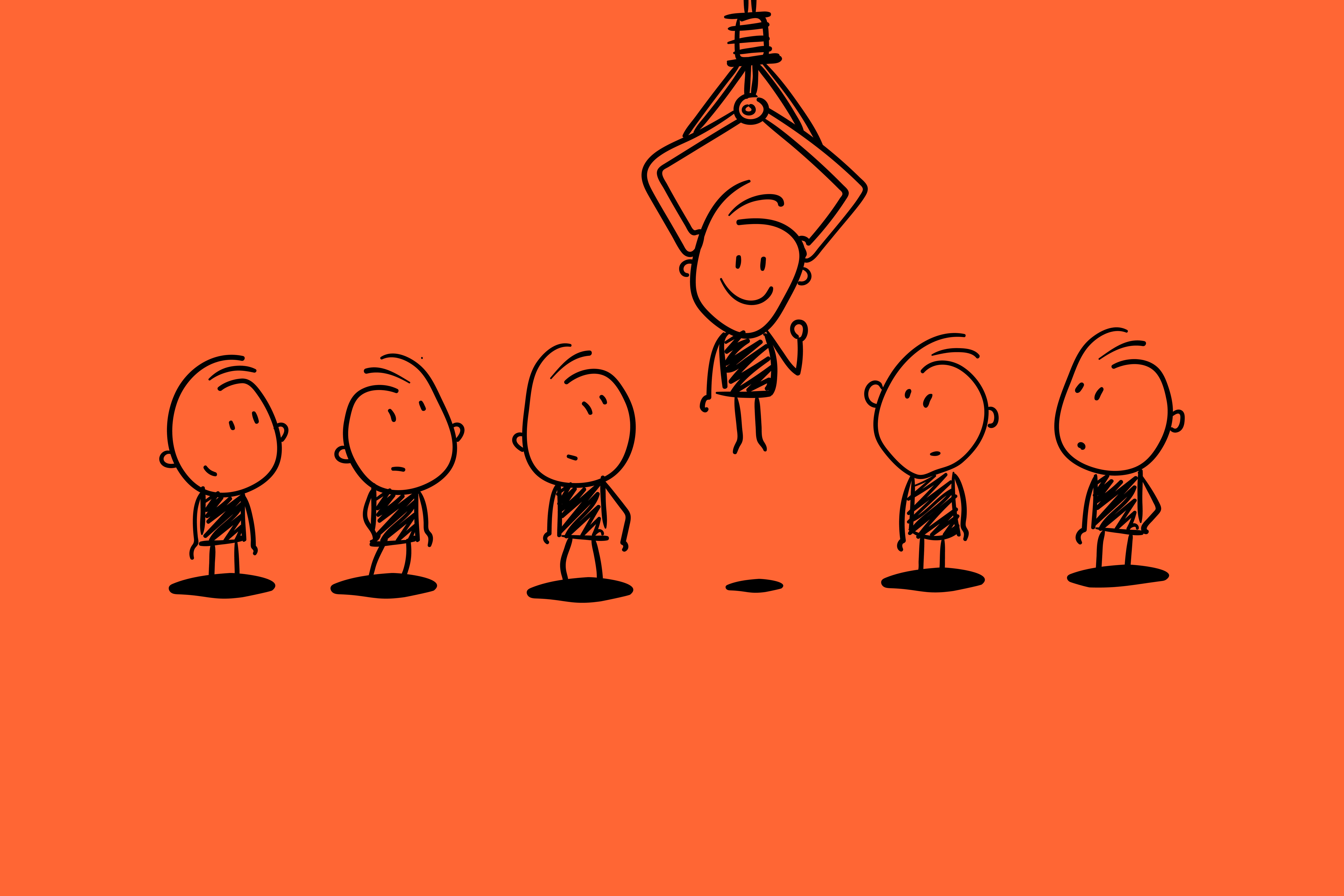 A group of stick figures stands in a row, looking up at one stick figure who is hanging upside down from a clamp, seemingly cheerful and different from the rest. It's as if they've chosen
