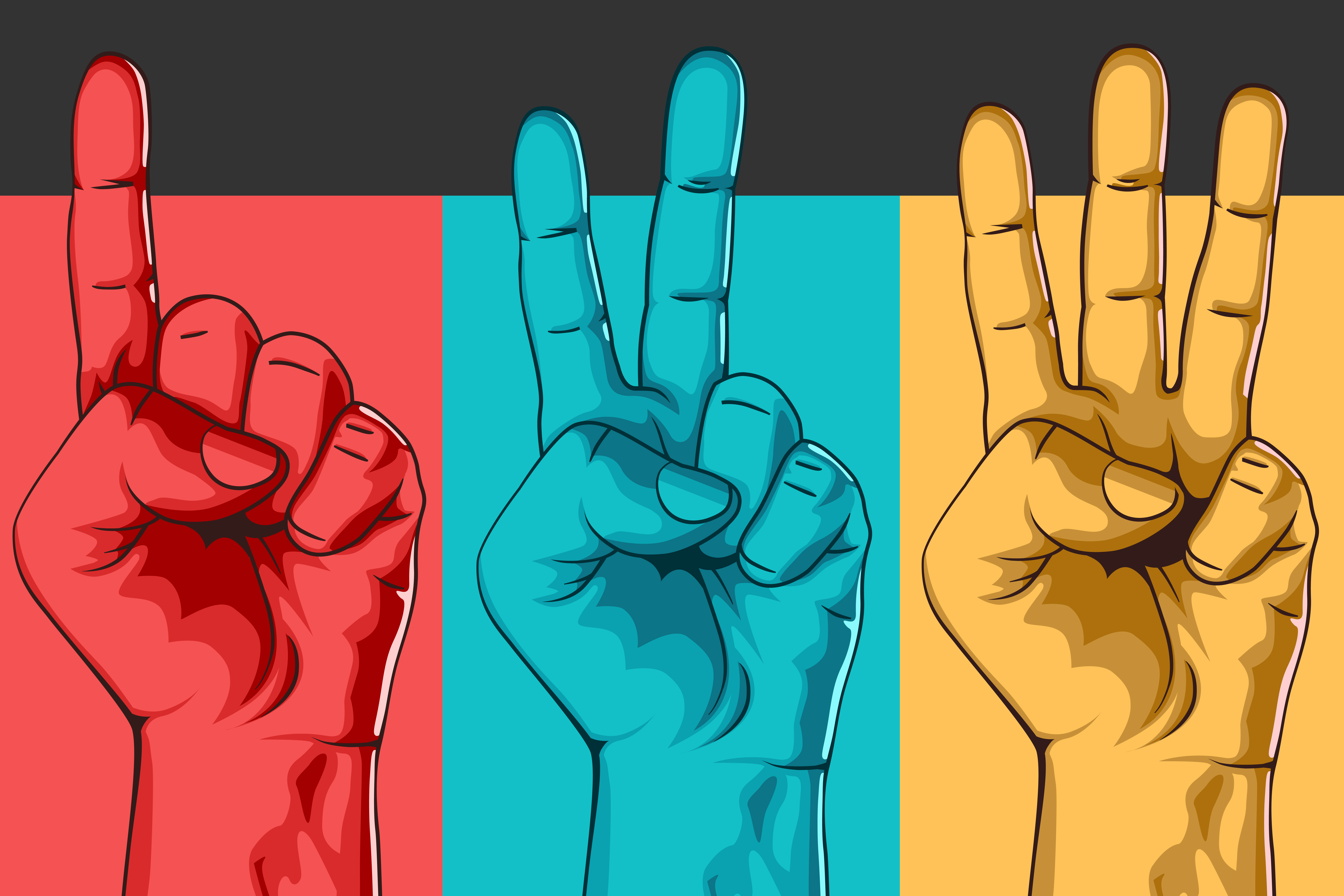 Three hands against a tri-colored background, each depicting a different sign for SEO logo concepts: the first is a finger pointing up, the second is making a peace sign, and the third is showing the