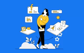 vector graphic with facebook and other social icons on blue background illustrating tips to harness social media for a small business owner