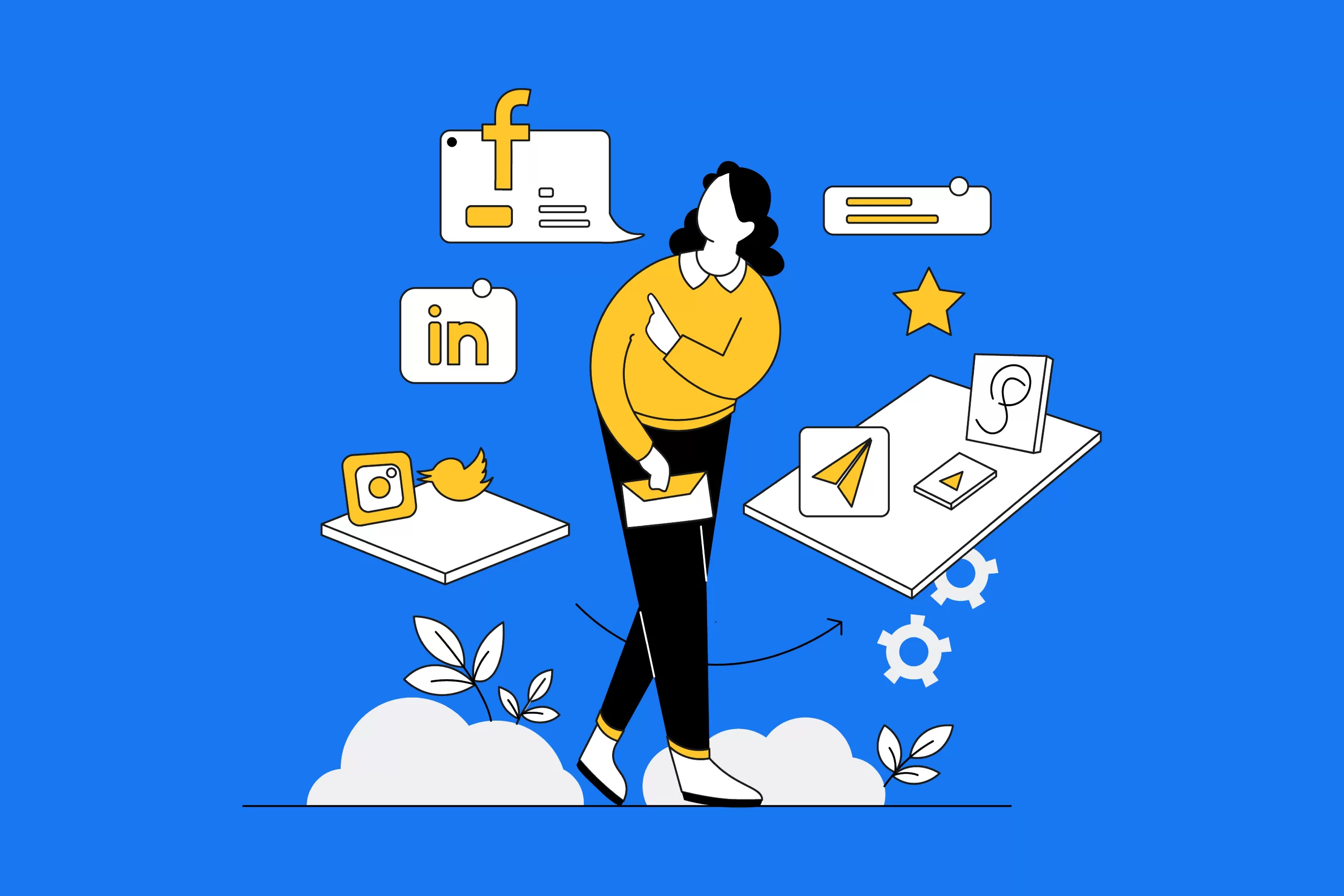 vector graphic with facebook and other social icons on blue background illustrating tips to harness social media for a small business owner