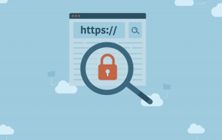 A graphical illustration representing website security, featuring a magnifying glass focusing on a padlock icon within a browser address bar with an HTTPS protocol.