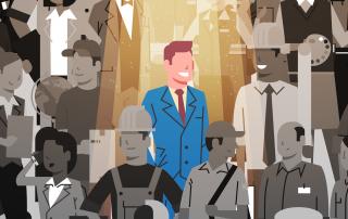Illustration of a man in a blue suit standing out in a crowd of grayscale figures representing various professions.