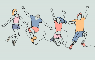 Four stylized figures drawn in a continuous line art style, representing diverse people in various dynamic jumping poses, colored in pastel shades set against a neutral background.