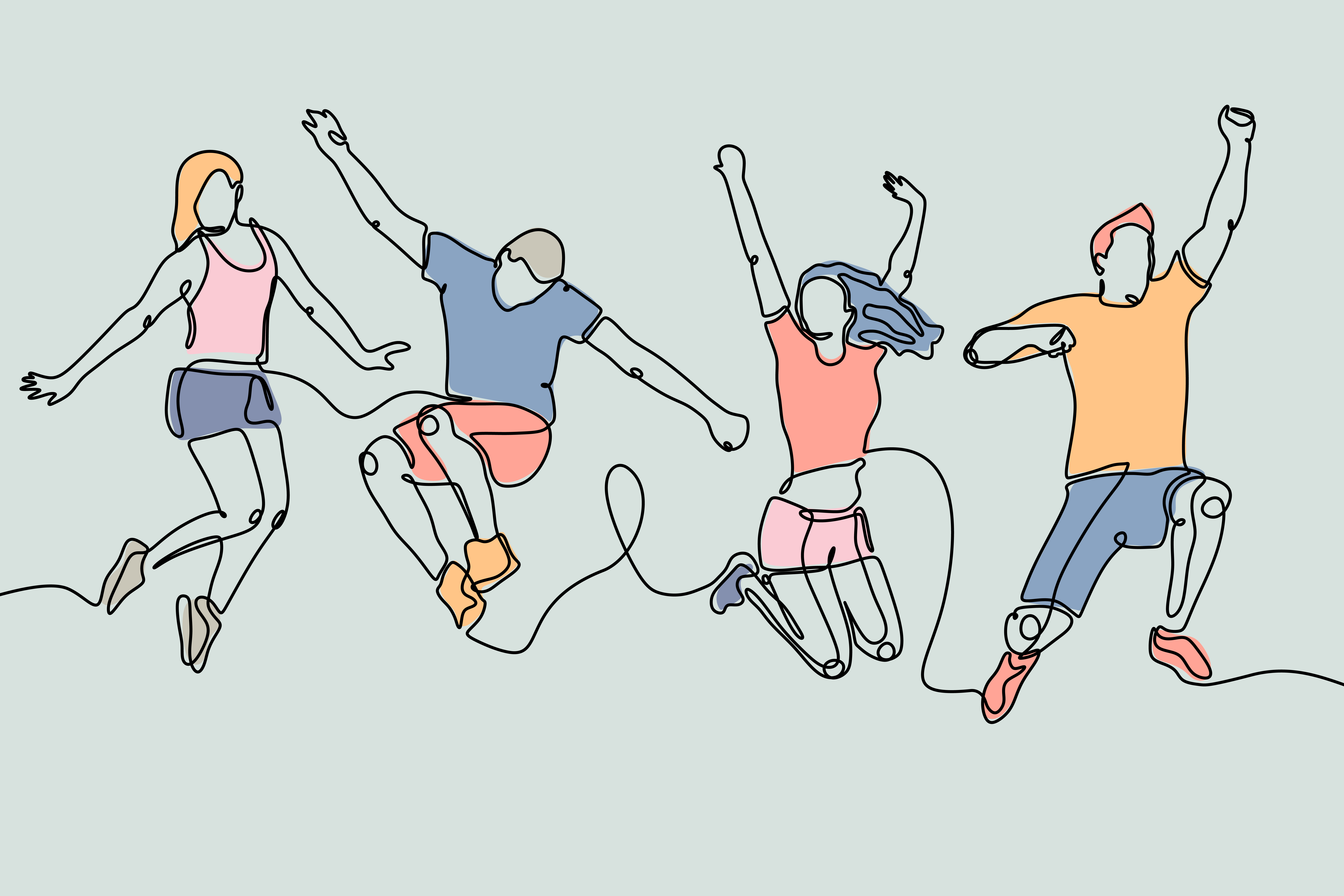 Four stylized figures drawn in a continuous line art style, representing diverse people in various dynamic jumping poses, colored in pastel shades set against a neutral background.