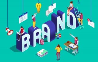 Colorful illustration of several small figures engaging in various activities around large 3d letters that spell out "brand," highlighting different aspects of brand building and marketing strategy in a vibrant and metaphorical manner.