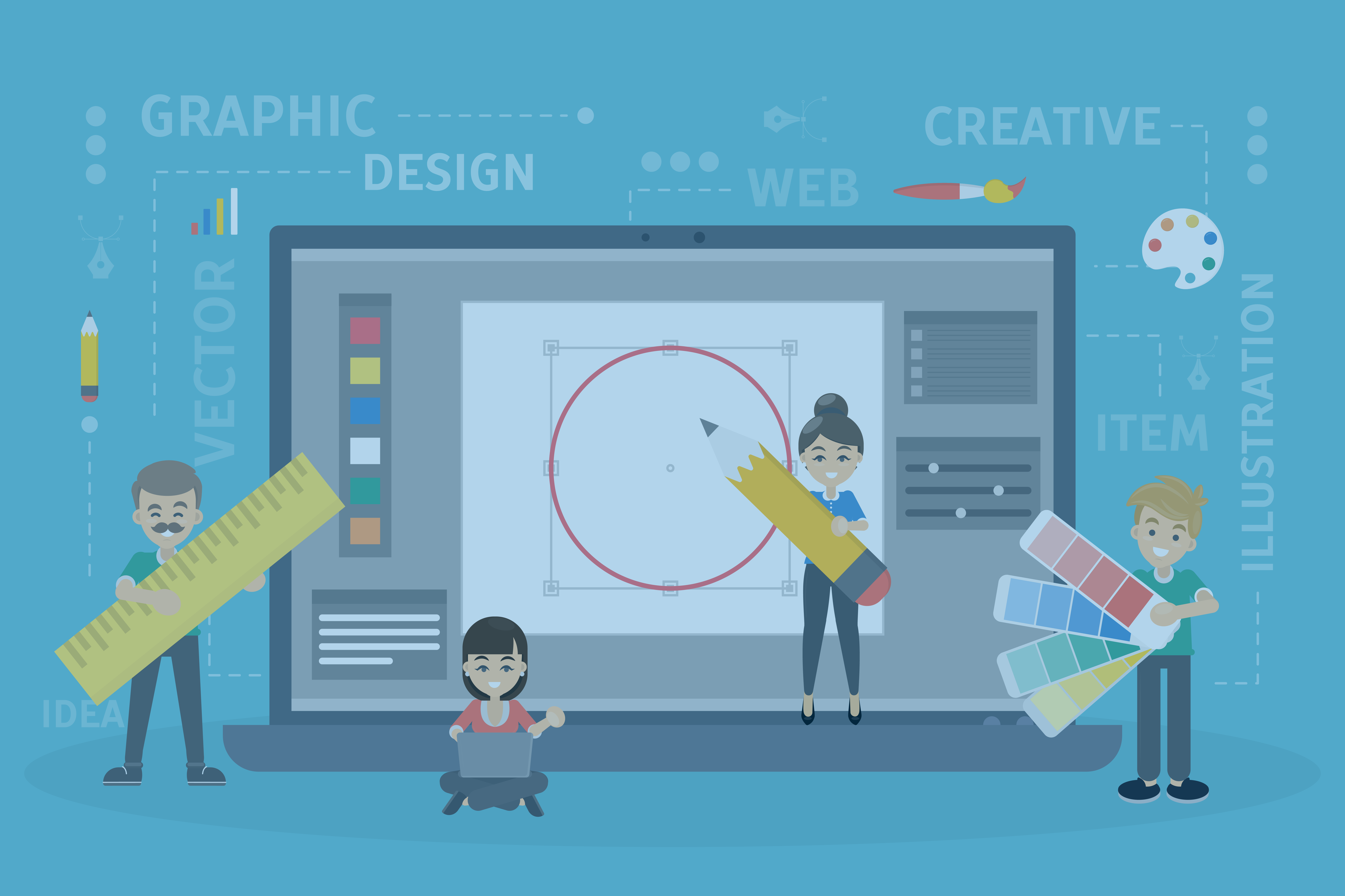 An illustration of four characters engaging in various design activities, with elements representing graphic design, web design, and creativity surrounding them.