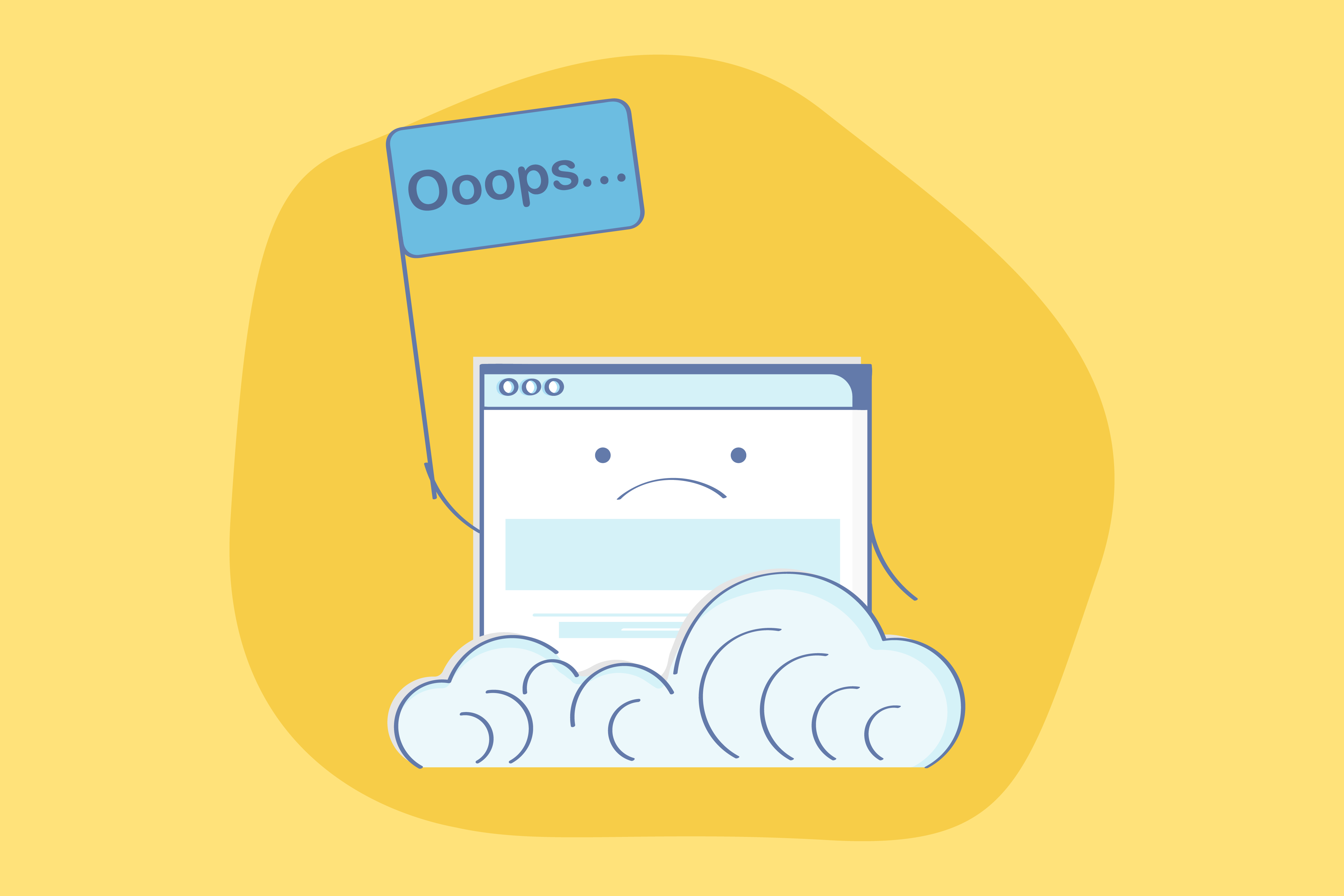 An illustration of a webpage character surrounded by clouds with a speech bubble that says "ooops..." indicating an error or problem has occurred.