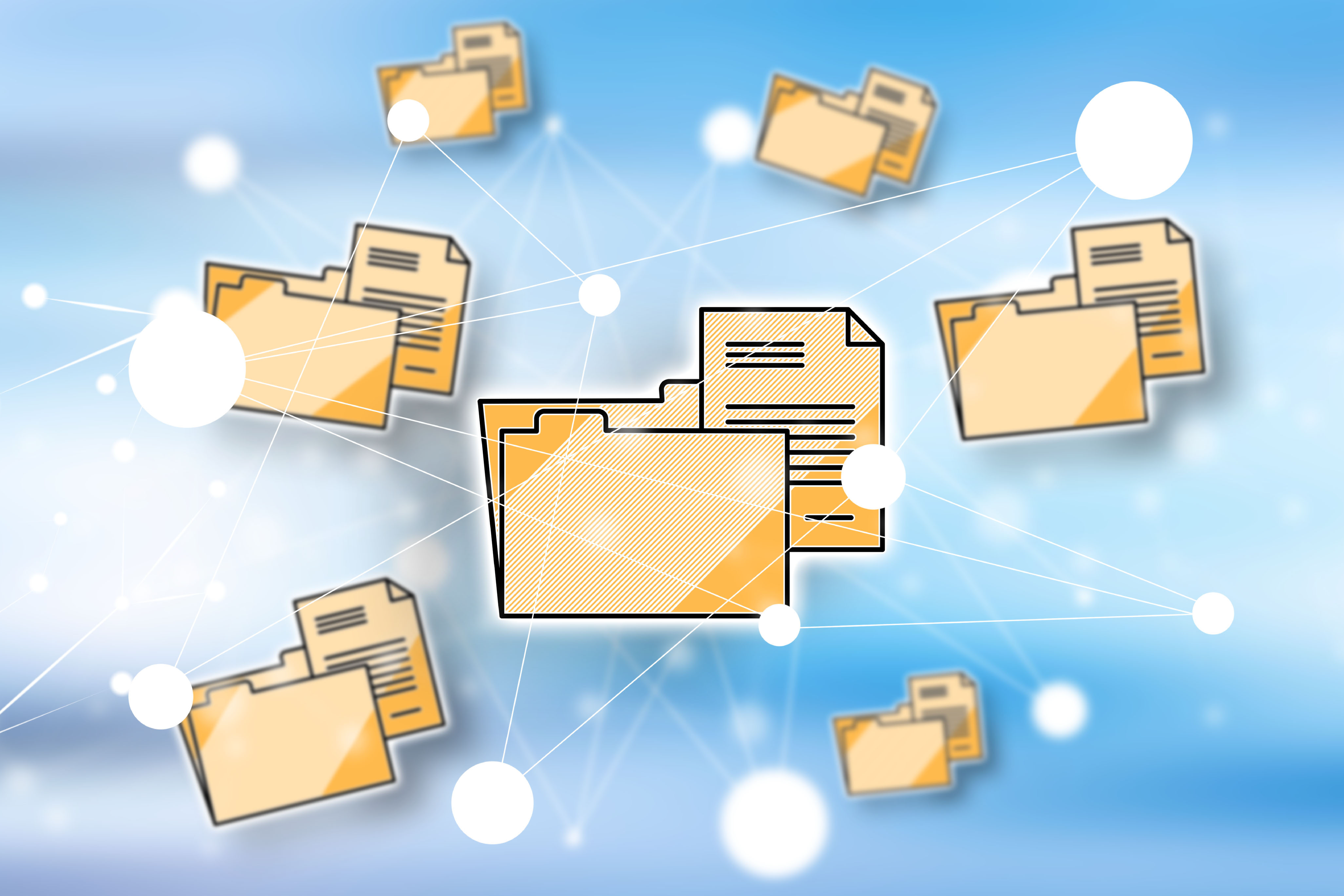 Folders and documents connected by network lines against a blue bokeh background, symbolizing digital file sharing or data management in a cloud network.