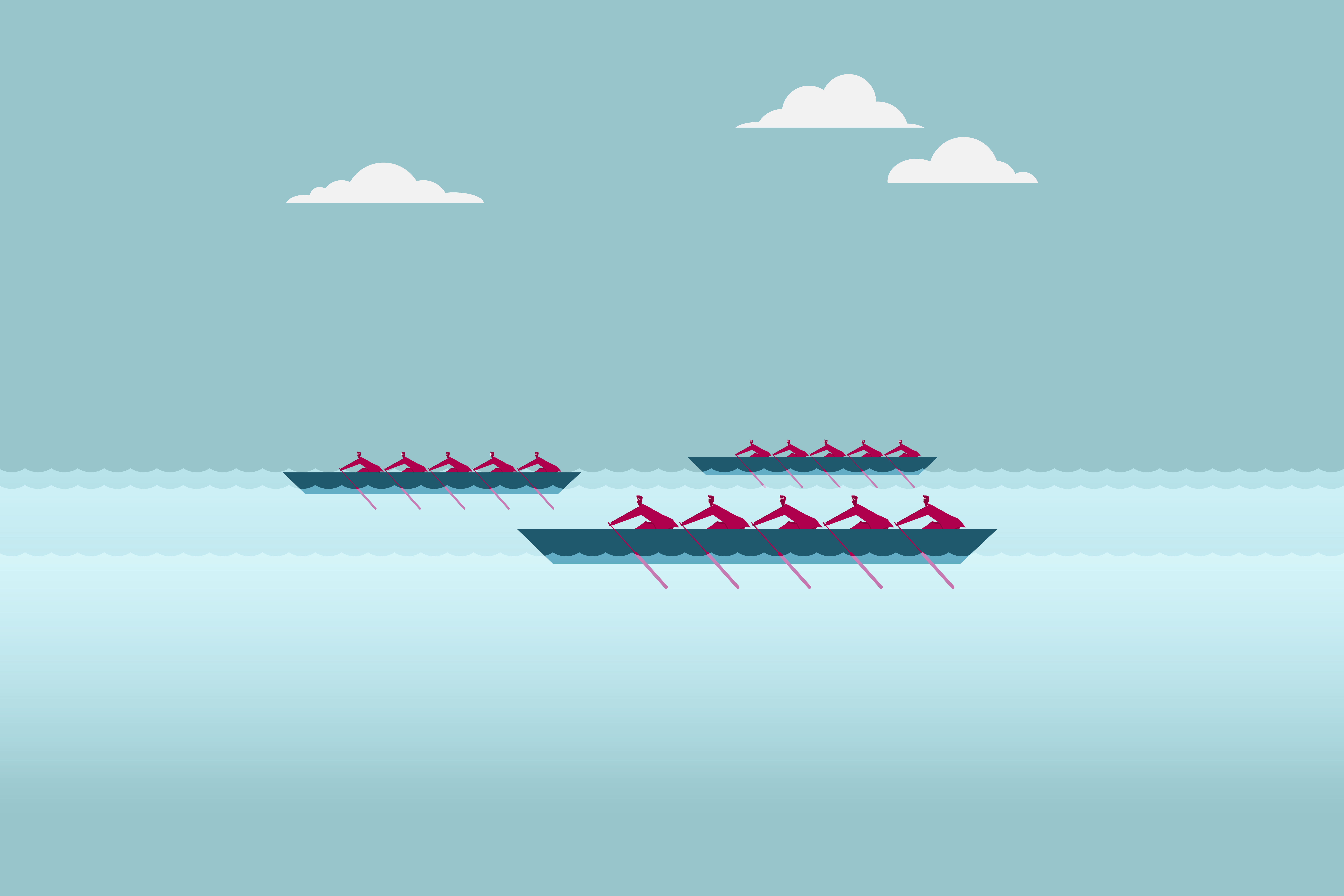 Two teams of rowers in sculls are racing on the water, with both boats in sync and creating ripples on the surface.