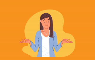 A cartoon illustration of a woman with brown hair, wearing a blue jacket and white shirt, standing with her palms facing upwards in a gesture that suggests uncertainty or doubt, against an orange background.