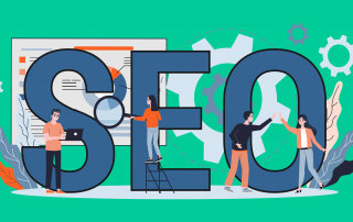 Three individuals interact with large letters spelling out "seo," which stands for search engine optimization, against a background symbolizing the digital nature of the industry.