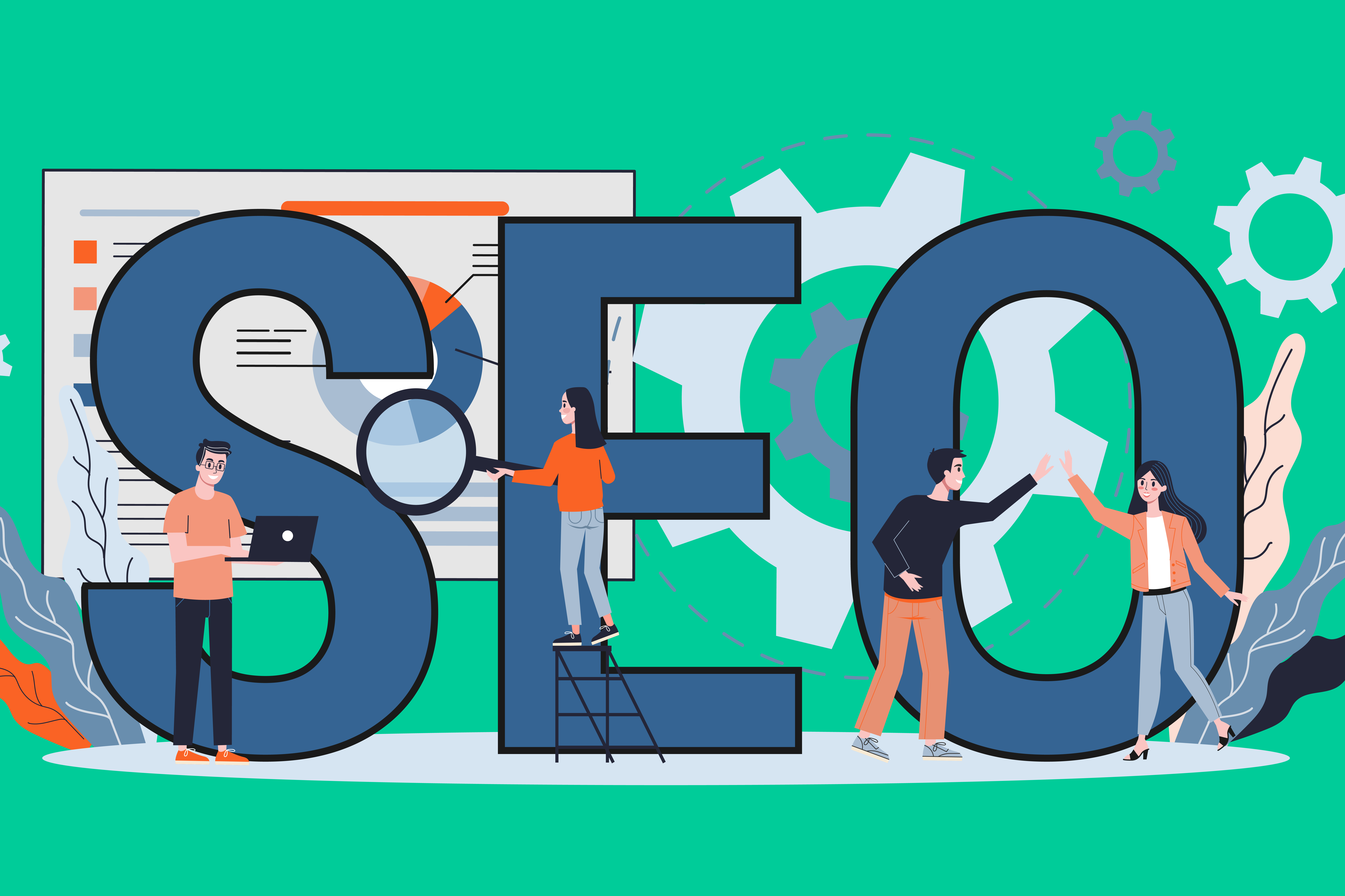 Three individuals interact with large letters spelling out "seo," which stands for search engine optimization, against a background symbolizing the digital nature of the industry.
