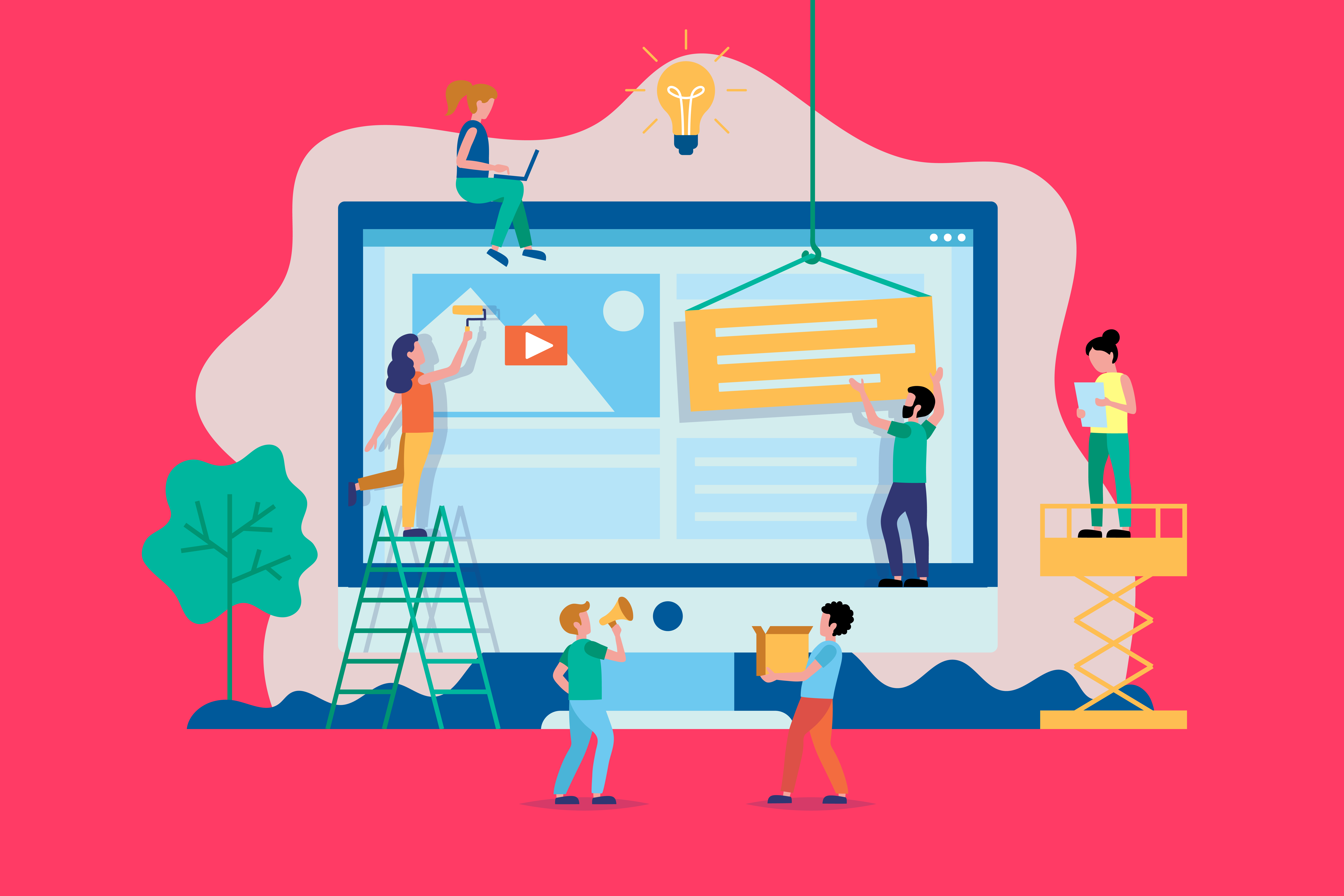 A colorful illustration depicting a group of miniature people engaging in various activities on and around a large, stylized computer screen against a pink background, symbolizing website or digital content creation.