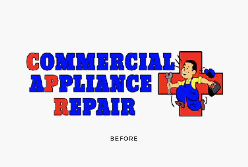Advertisement for commercial appliance repair services showing a cartoon mechanic with tools, accompanied by the 'before' label, indicating a visual representation of a commercial appliance repair service or brand prior to an update or redesign.