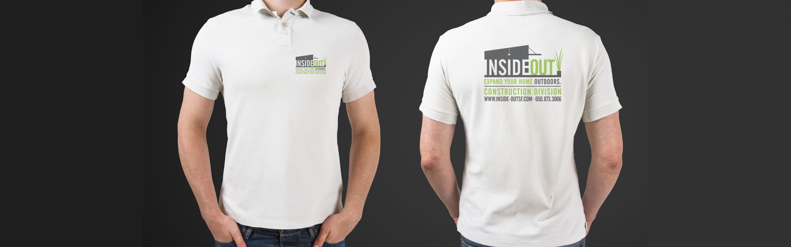 Two mockup images showing the inside out front and back of a white polo shirt with green and black logo designs.