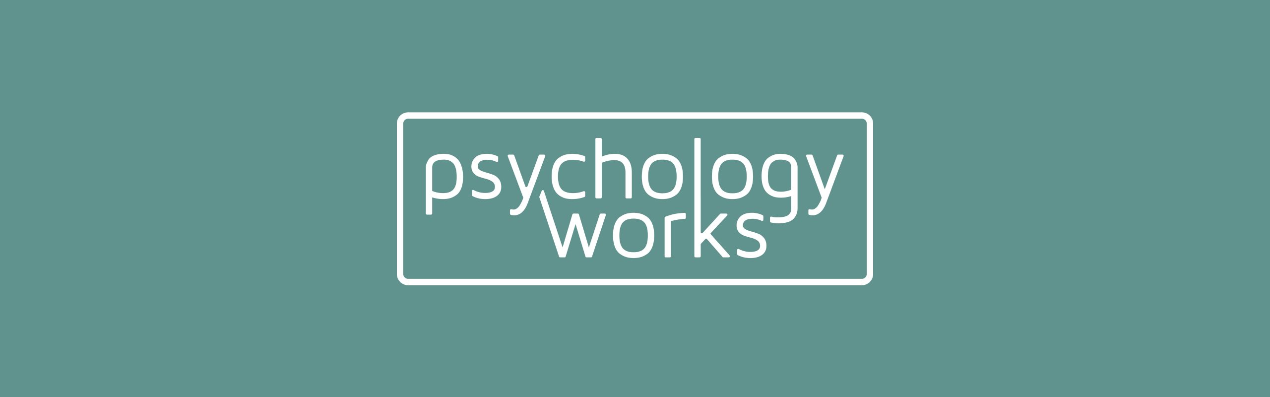 A logo with the words "psychology works" in white text against a teal background, enclosed within a white rectangular border.