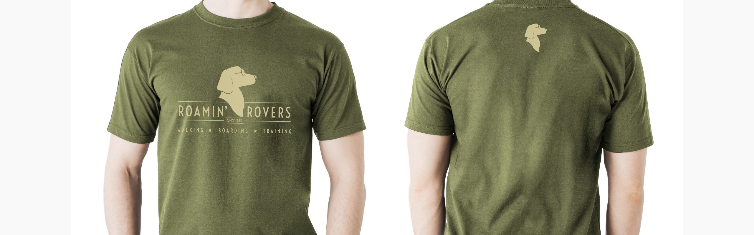 Front and back view of a person wearing a green t-shirt with a graphic of a dog silhouette and the text "Roamin' Rovers - walking - boarding - training," and a small paw.