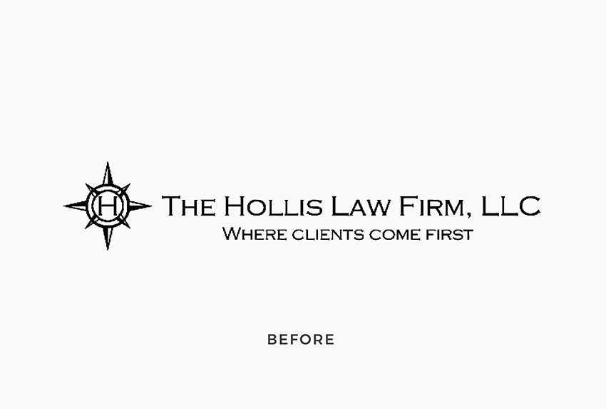 A black-and-white logo of 'the hollis law firm, llc' featuring a compass design above the text, with the slogan 'where clients come first' beneath the word 'before.