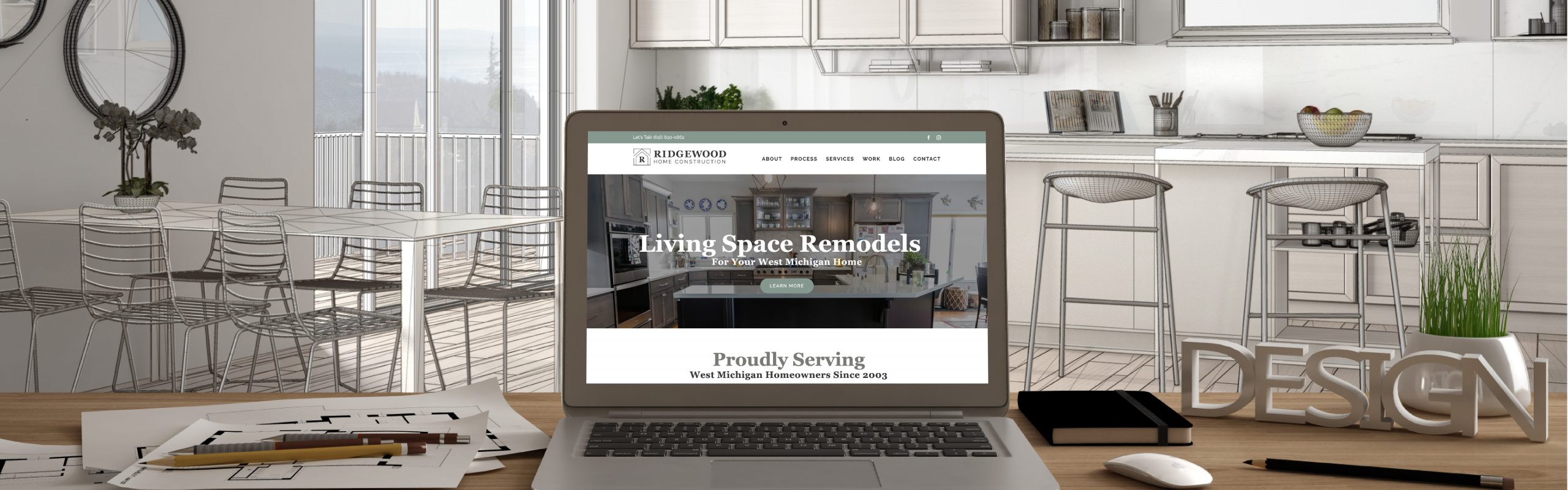 A laptop displaying a webpage about Ridgewood Home Construction's living space remodels, situated on a desk with architectural drawings and design materials in a modern kitchen setting.