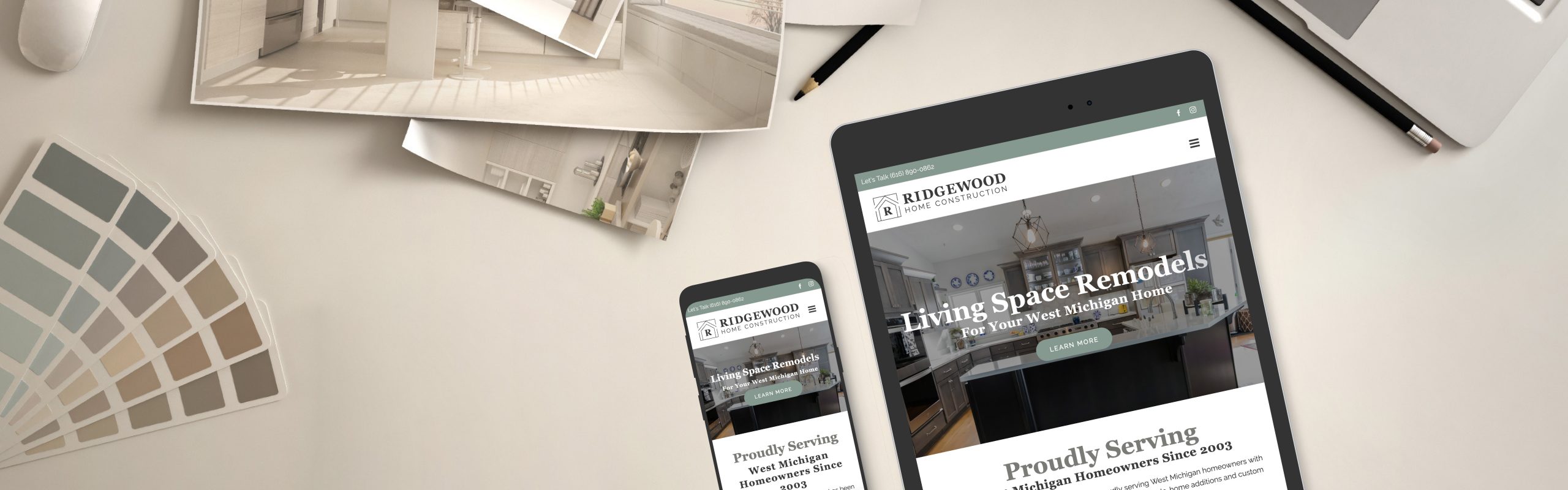 A mockup of a responsive web design displayed across multiple devices including a desktop, tablet, and smartphone, with Ridgewood Home Construction content.