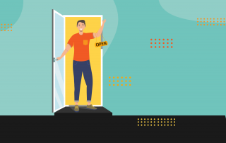 A cartoon illustration of a smiling person holding open a door with an "open" sign, welcoming visitors or customers into a bright space.