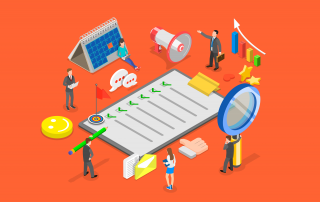 An isometric illustration representing various aspects of business analytics and strategy with miniature figures interacting with symbolic elements such as charts, graphs, a magnifying glass, and business icons.