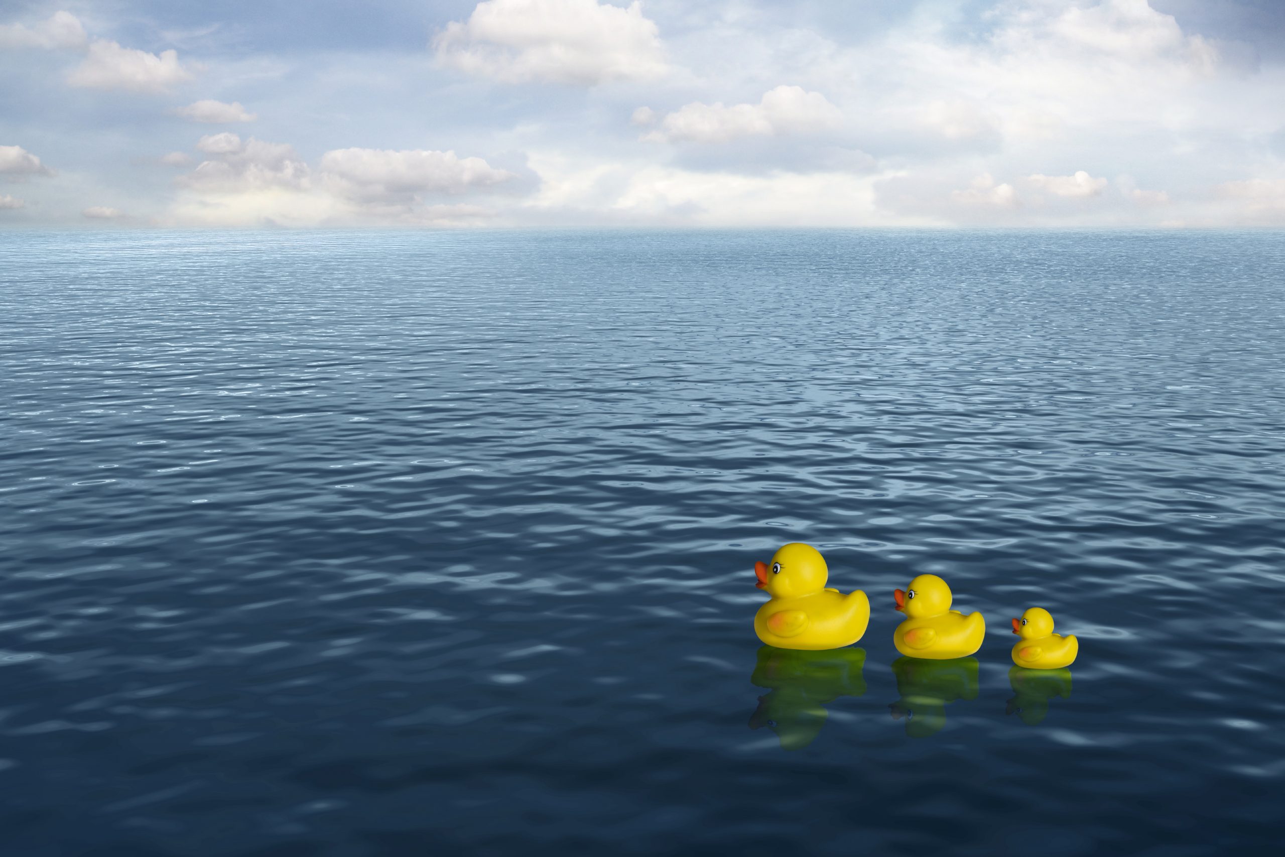Three yellow rubber ducks floating on a calm blue ocean under a partly cloudy sky, embodying gratitude this year.