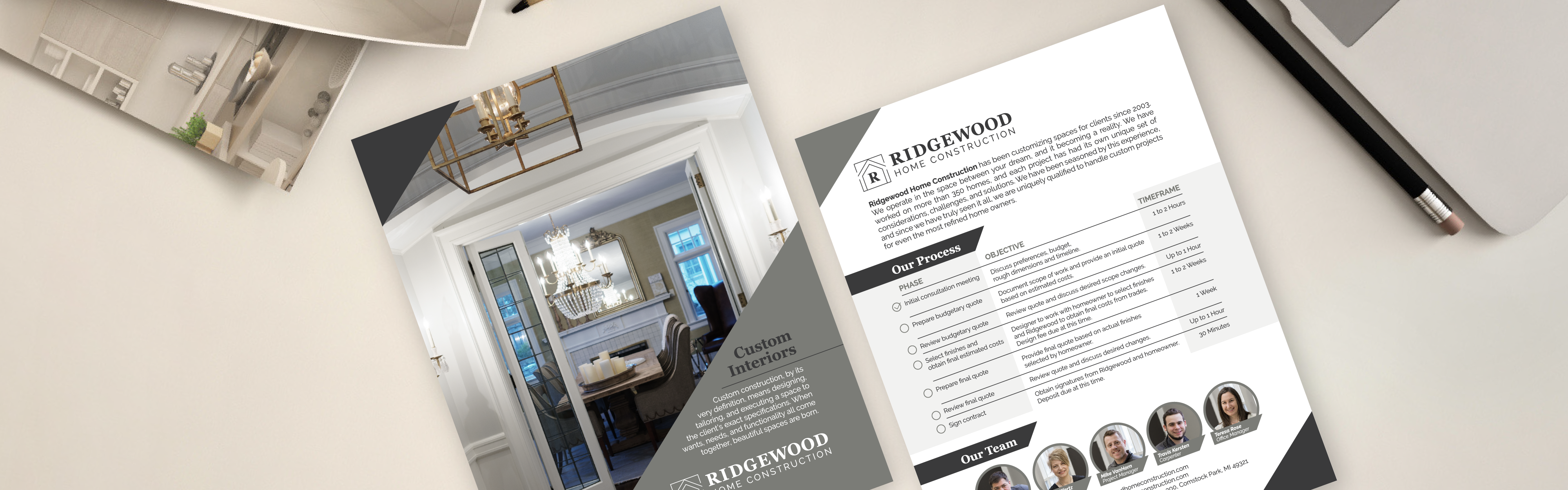 Real estate brochure featuring Ridgewood Home Construction property information and contact details for a team of agents, presented on a desk with a pen and glasses.