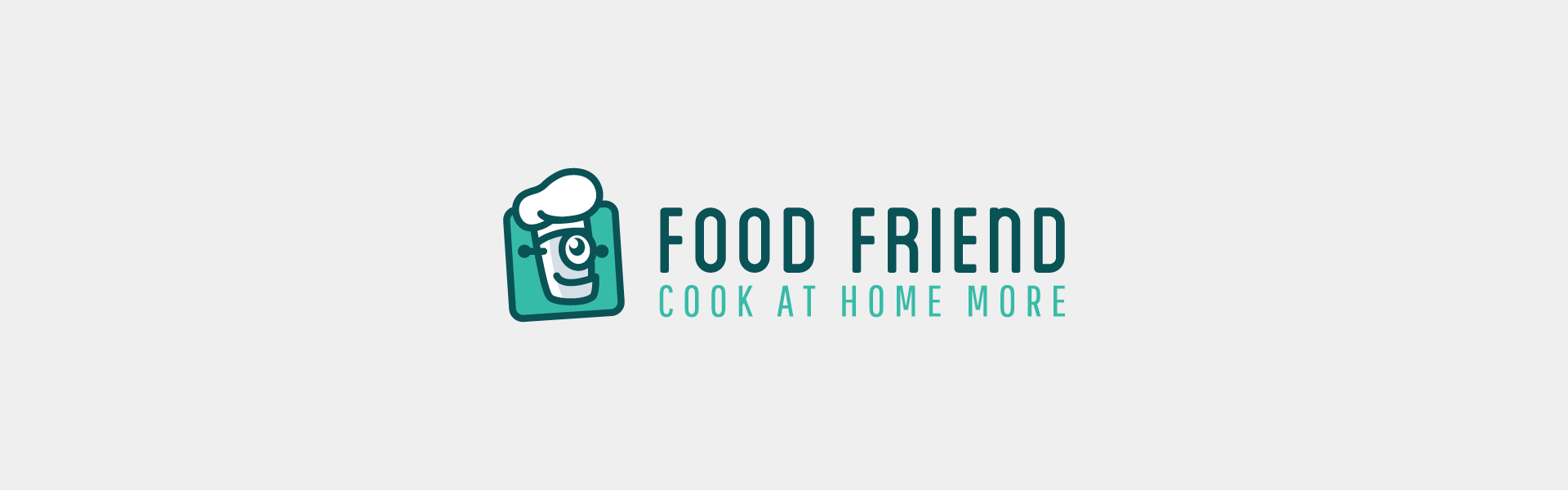 Logo design for "Food Friend" featuring a stylized image of a friendly chef within a green badge, accompanied by the tagline "cook at home more".