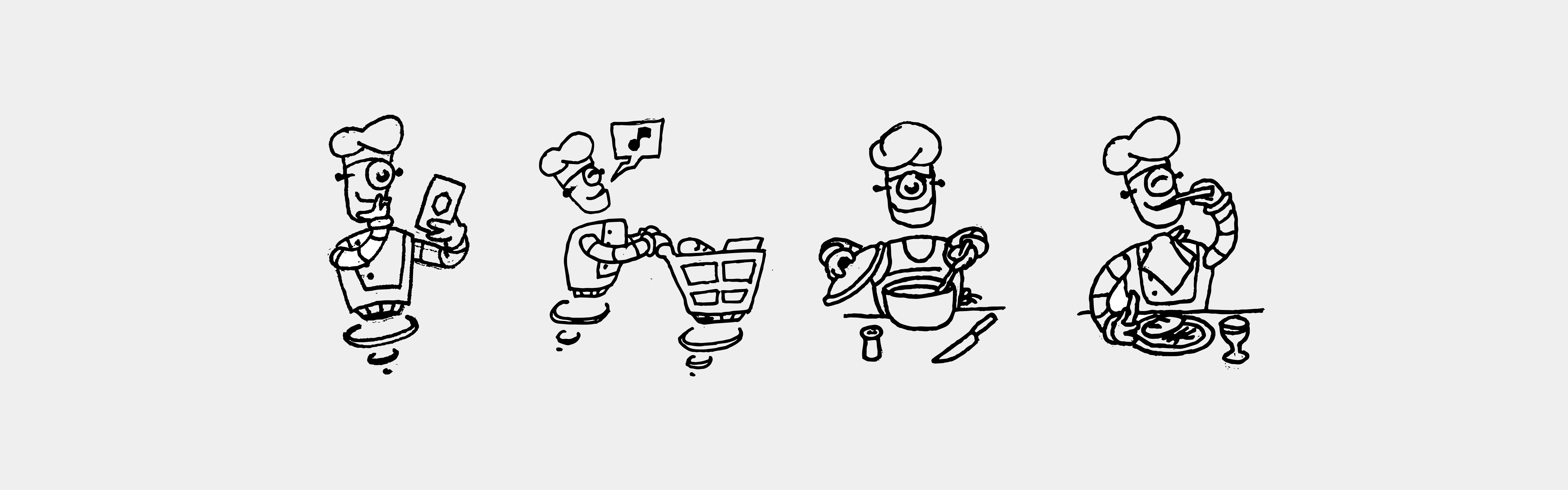 A line drawing depicting a sequence of a chef and a food friend preparing a dish: checking the recipe, chopping vegetables, cooking on the stove, and finally tasting the meal.