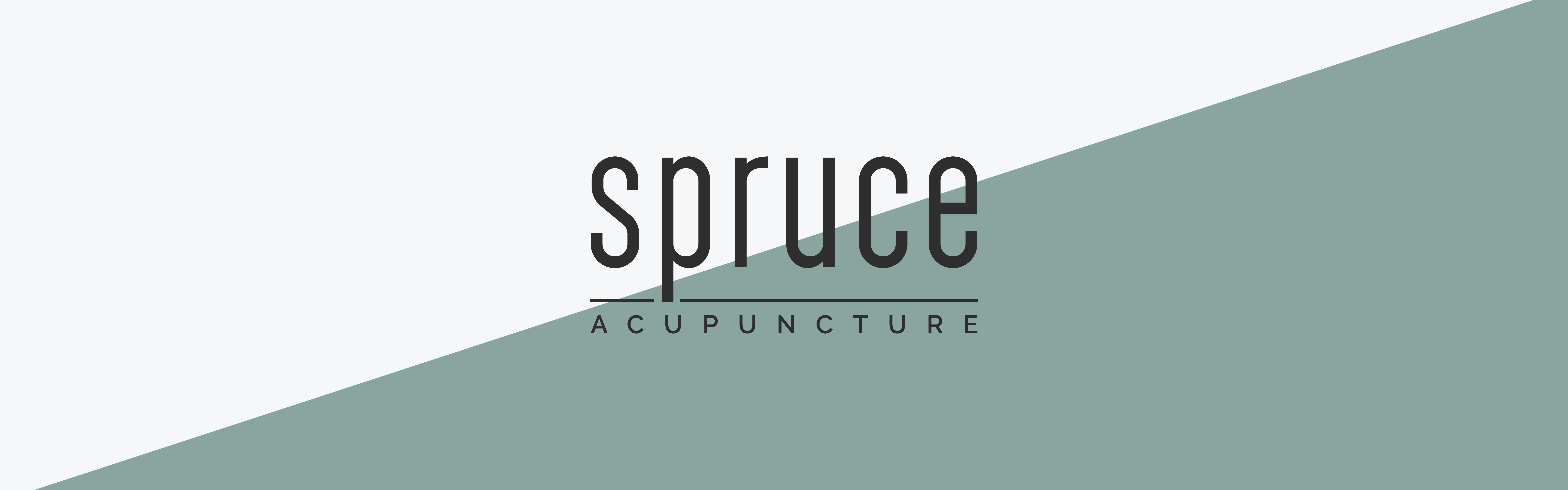 Logo of "Spruce Acupuncture" with stylized text on a geometric background of overlapping light and dark grey triangles.