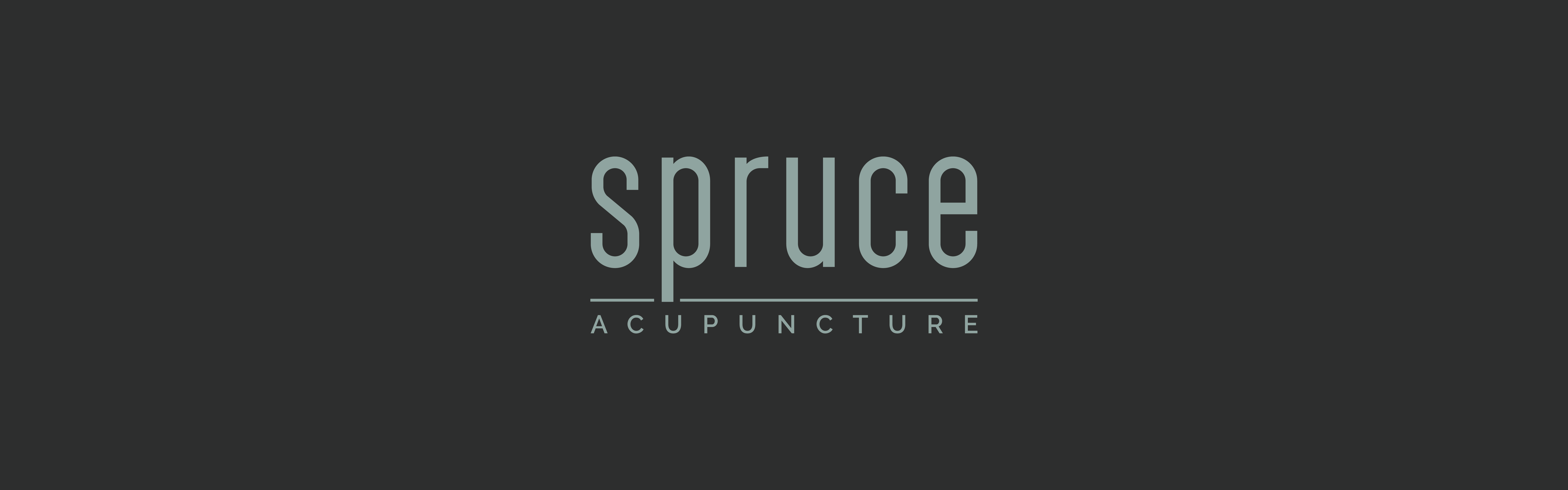 Logo of Spruce Acupuncture on a dark background featuring stylized text with a graphical element that resembles a needle or a spruce twig integrated into the letter "u".