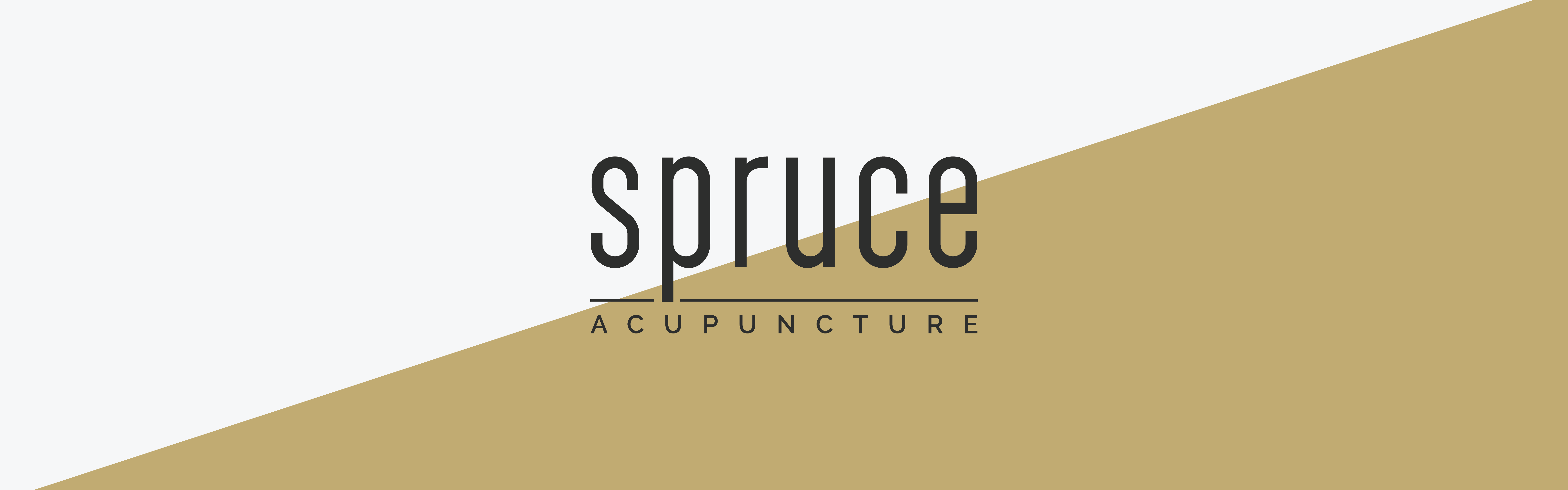 This is a simplistic logo for Spruce Acupuncture, featuring a two-tone background divided diagonally with stylized text in the center.