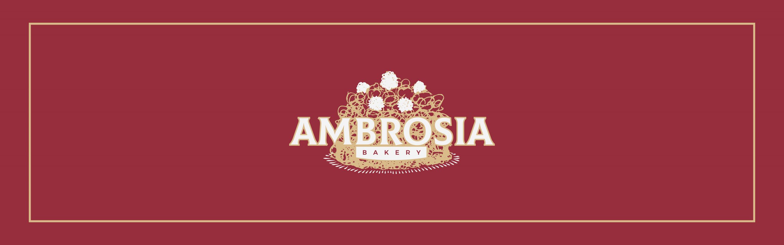 The image displays a logo for "Ambrosia Bakery" set against a deep red background, with decorative elements around the text that suggest a connection to baking or culinary arts.