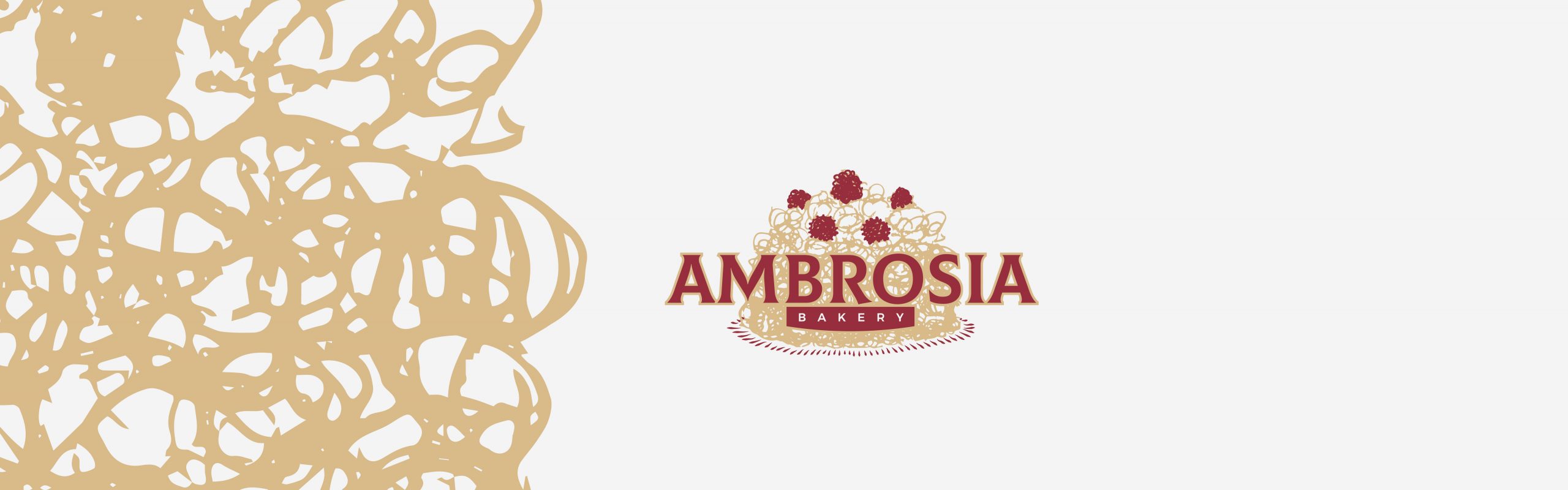 A logo for Ambrosia Bakery featuring stylized text and an illustration of what appears to be raspberries, set against a cream-colored background with an ornate, lace-like pattern.