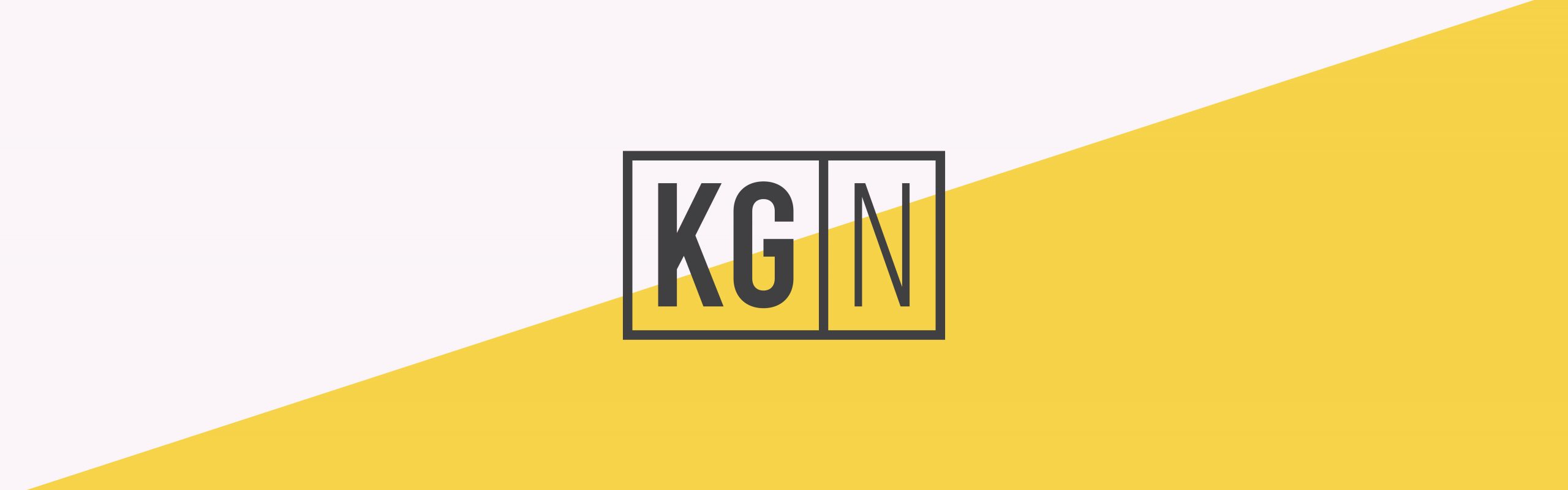 The image shows a square frame against a background split diagonally between white on the top left and yellow on the bottom right. Inside the frame, the letters 'K', 'G', 'N',