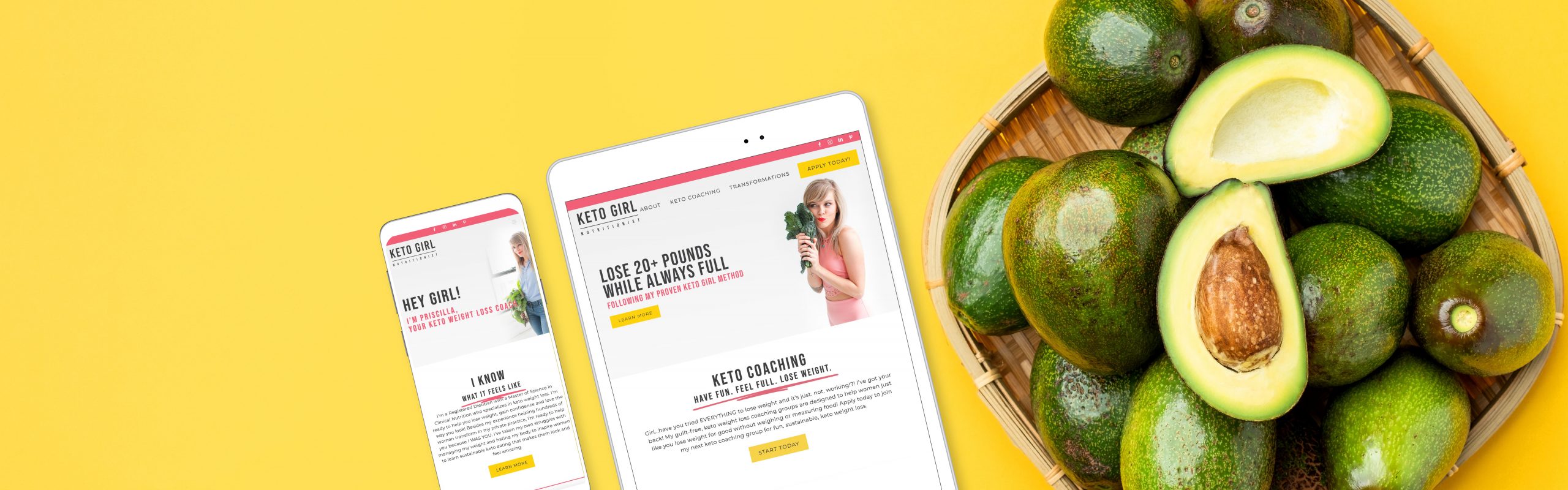 A split composition image showing a basket of fresh avocados on the right, against a yellow background, and two mobile devices on the left displaying a webpage titled "Keto Girl Nutritionist" with