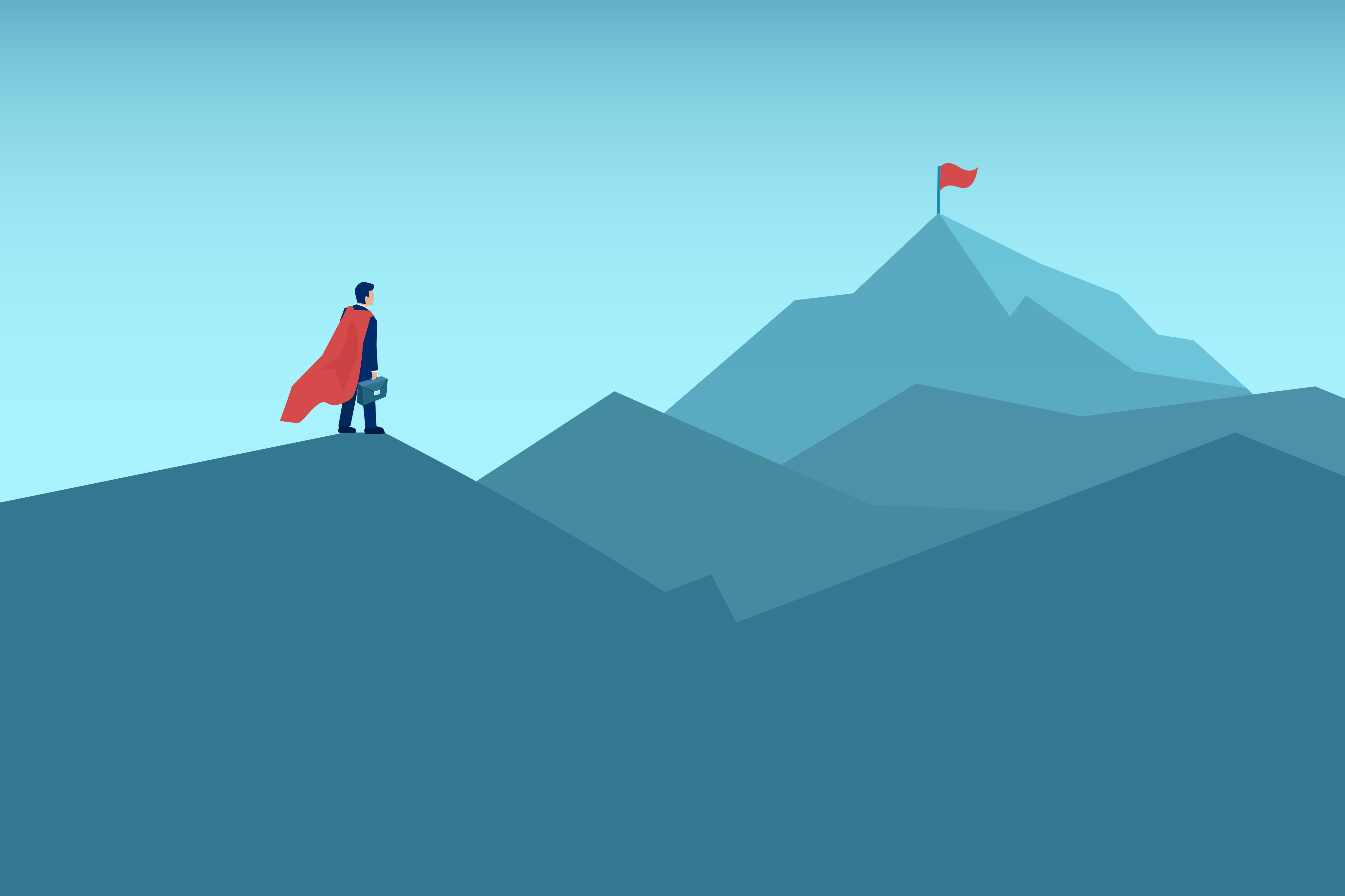 A person in a cape, embodying brand strategy, stands at the foot of a mountain peak looking towards the summit where a flag is planted.