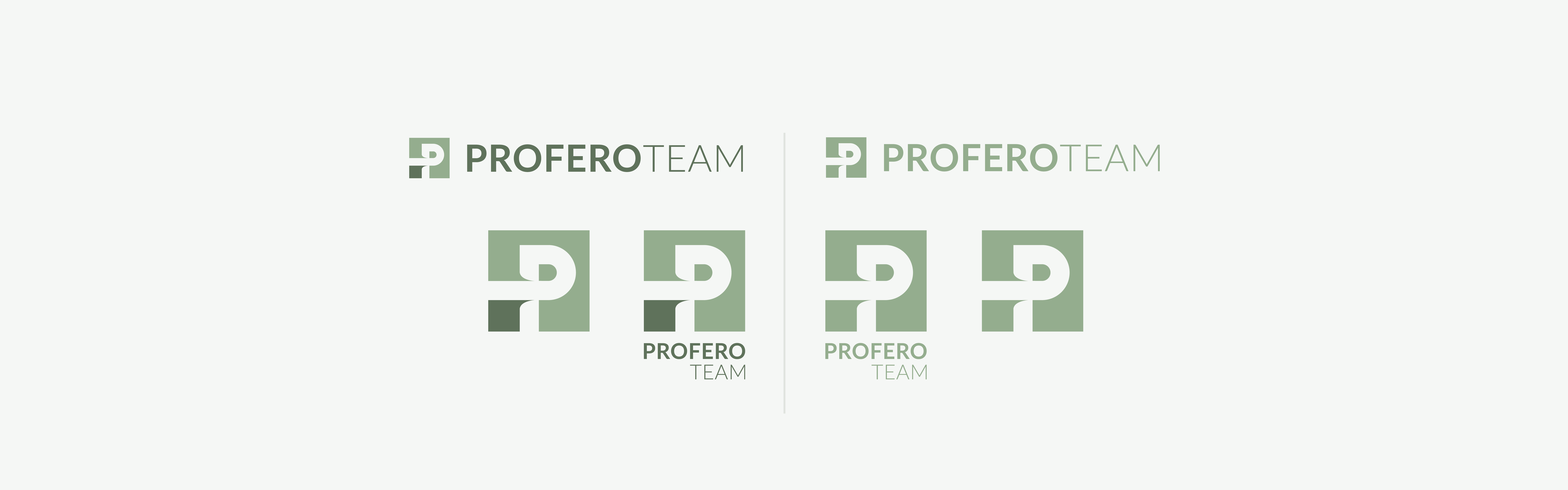 The image displays a series of six iterations of a logo for "Profero Team" with varying degrees of simplification from complex to minimalistic, demonstrating the evolution of the design in a monoch