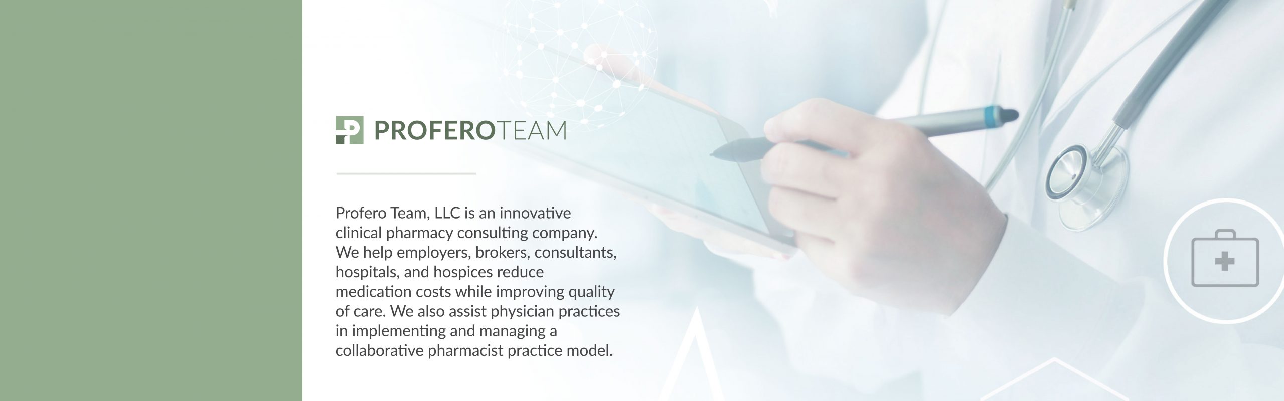 A healthcare professional interacts with a digital interface next to descriptive text about "profero team," a clinical pharmacy consulting company.