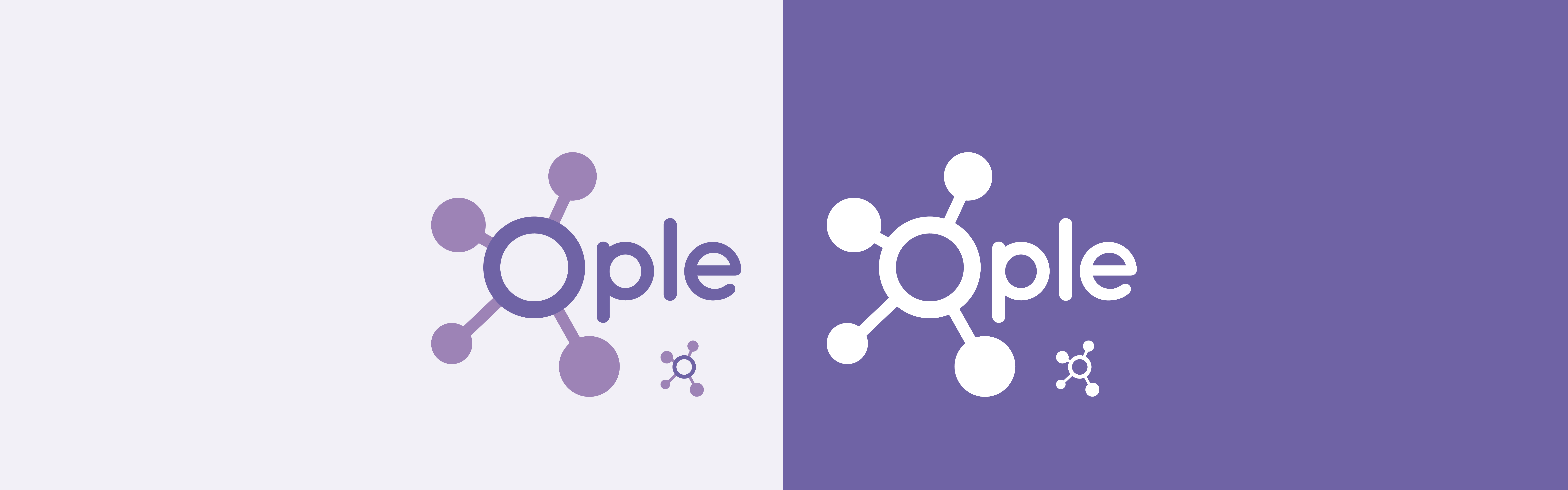 Two logos side by side, both showcasing the word "Ople" with an abstract, molecule-like icon adjacent to the text. The left logo is on a light purple background, while the right logo