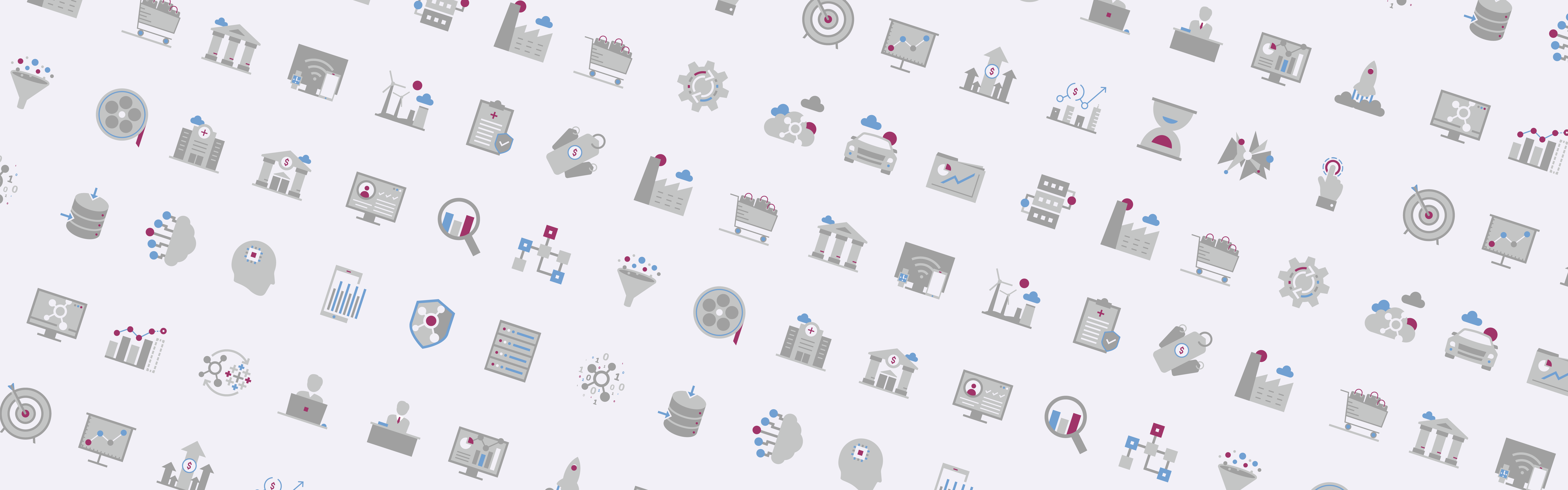 The image shows a repeating pattern of various flat design icons representing data analytics and business intelligence. Elements include graphs, targets, shields, magnifying glasses, and folders, suggesting a theme of strategy, data