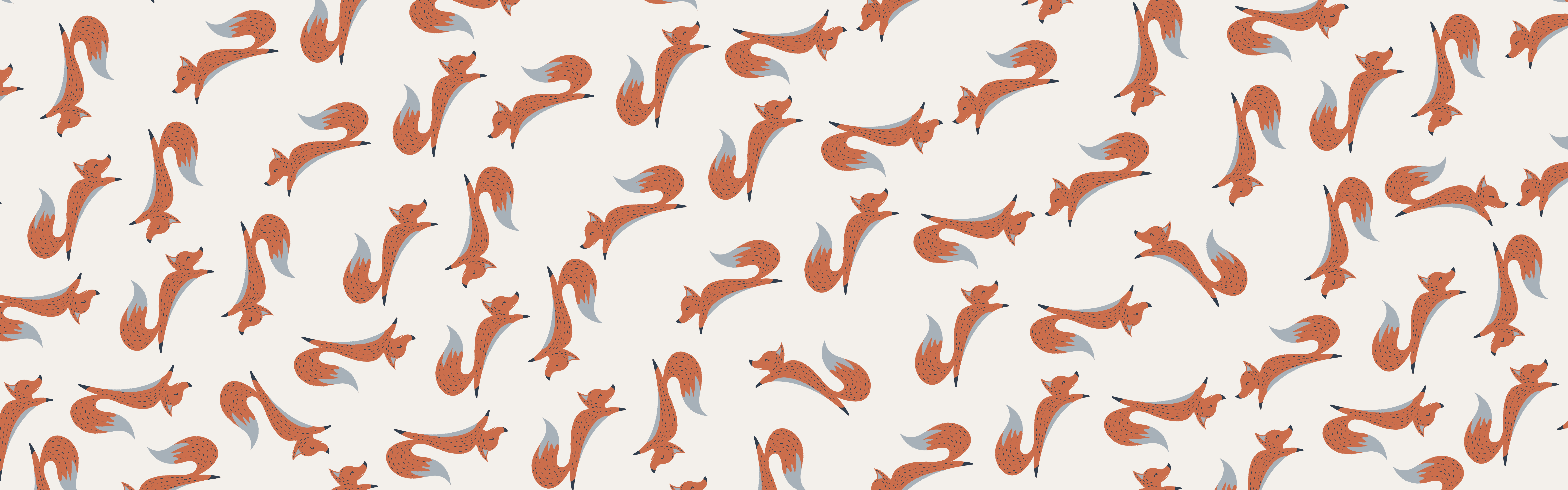 A seamless pattern featuring stylized representations of little foxes in various poses on a white background.