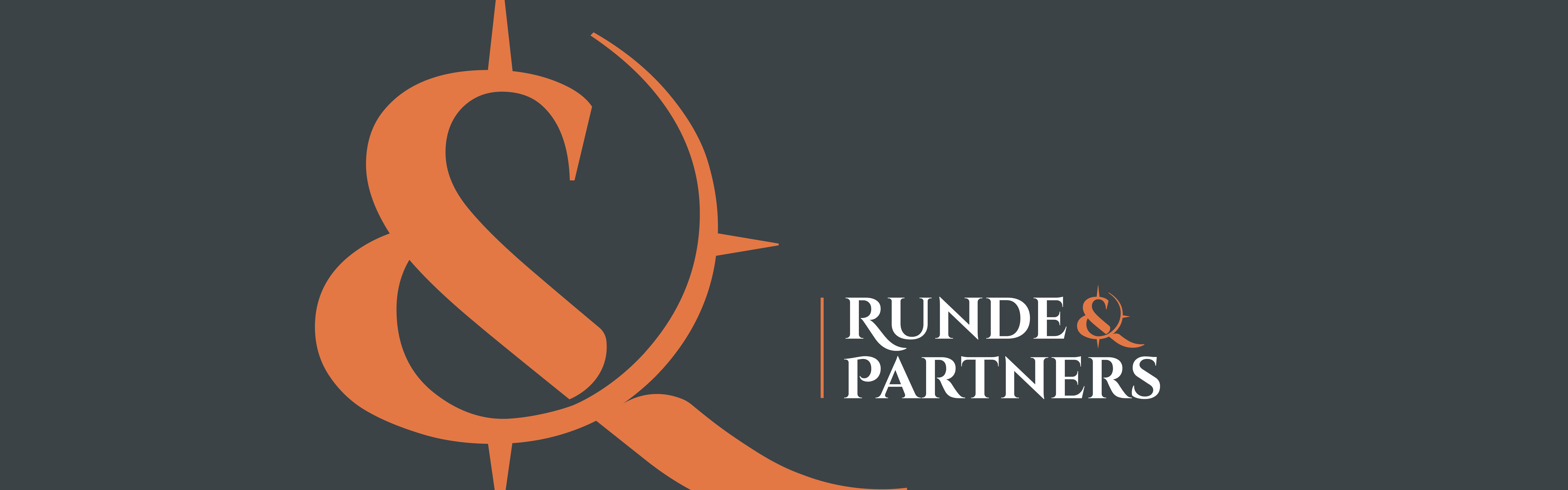 This image showcases a graphical orange ampersand symbol with a stylized appearance positioned prominently on a dark gray background. To the right of the symbol, there is the text "Runde & Partners.