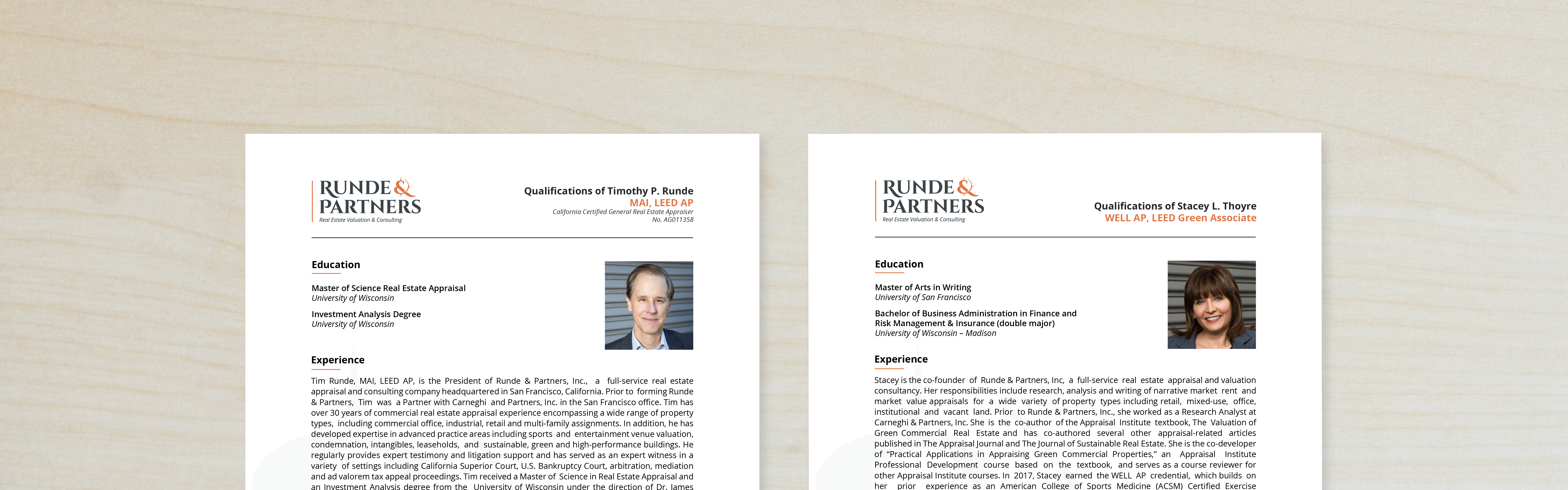 Two professional business cards displayed side by side for individuals named Timothy Runde and Stacey Thoyre from the firm Runde & Partners, detailing their qualifications and contact information, each card featuring a head