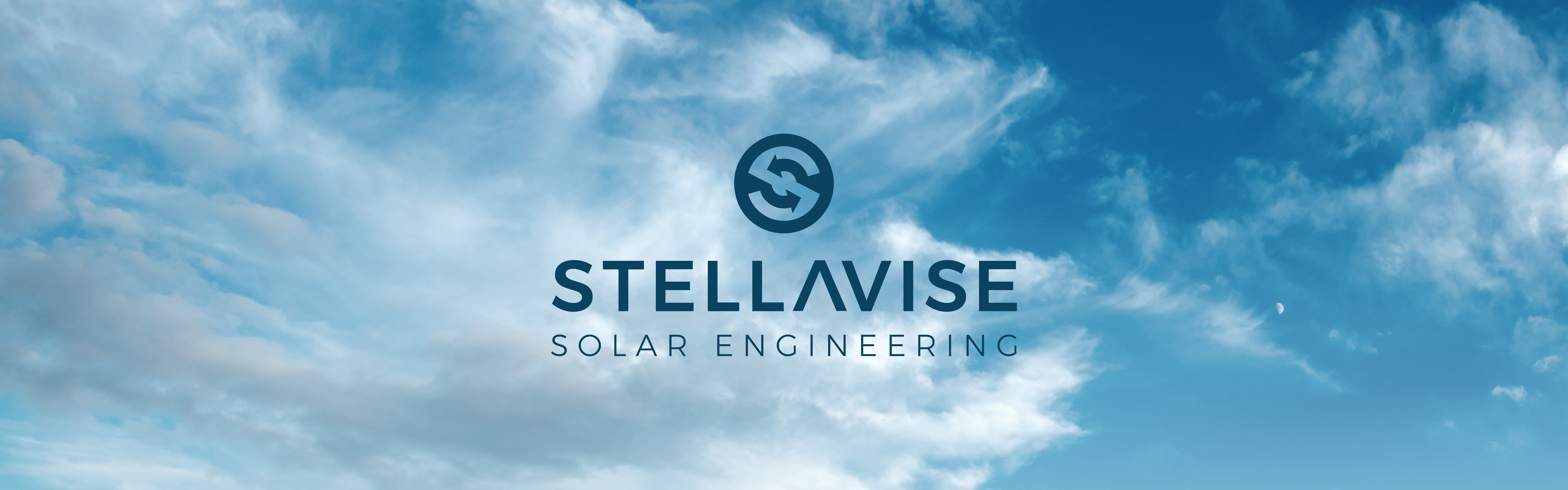 A wide-angle view of a blue sky with clouds featuring the logo and text "Stellavise Solar Engineering.