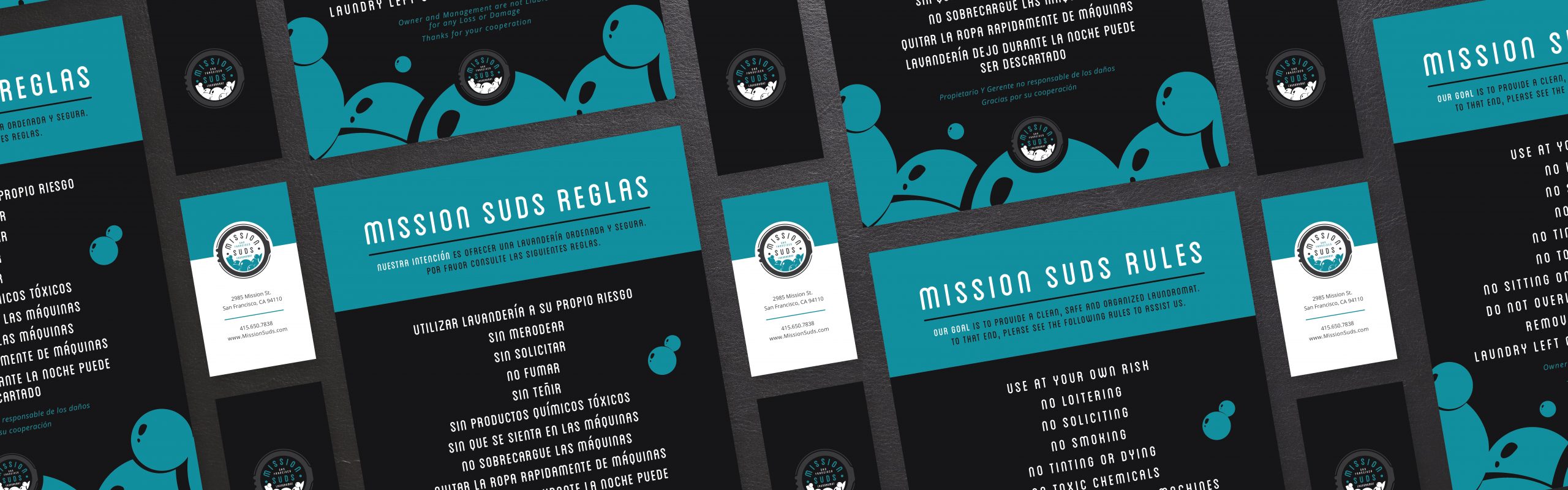 A collection of printed materials with a consistent turquoise and black color scheme, featuring text and graphic elements pertaining to a "Mission Suds" theme.