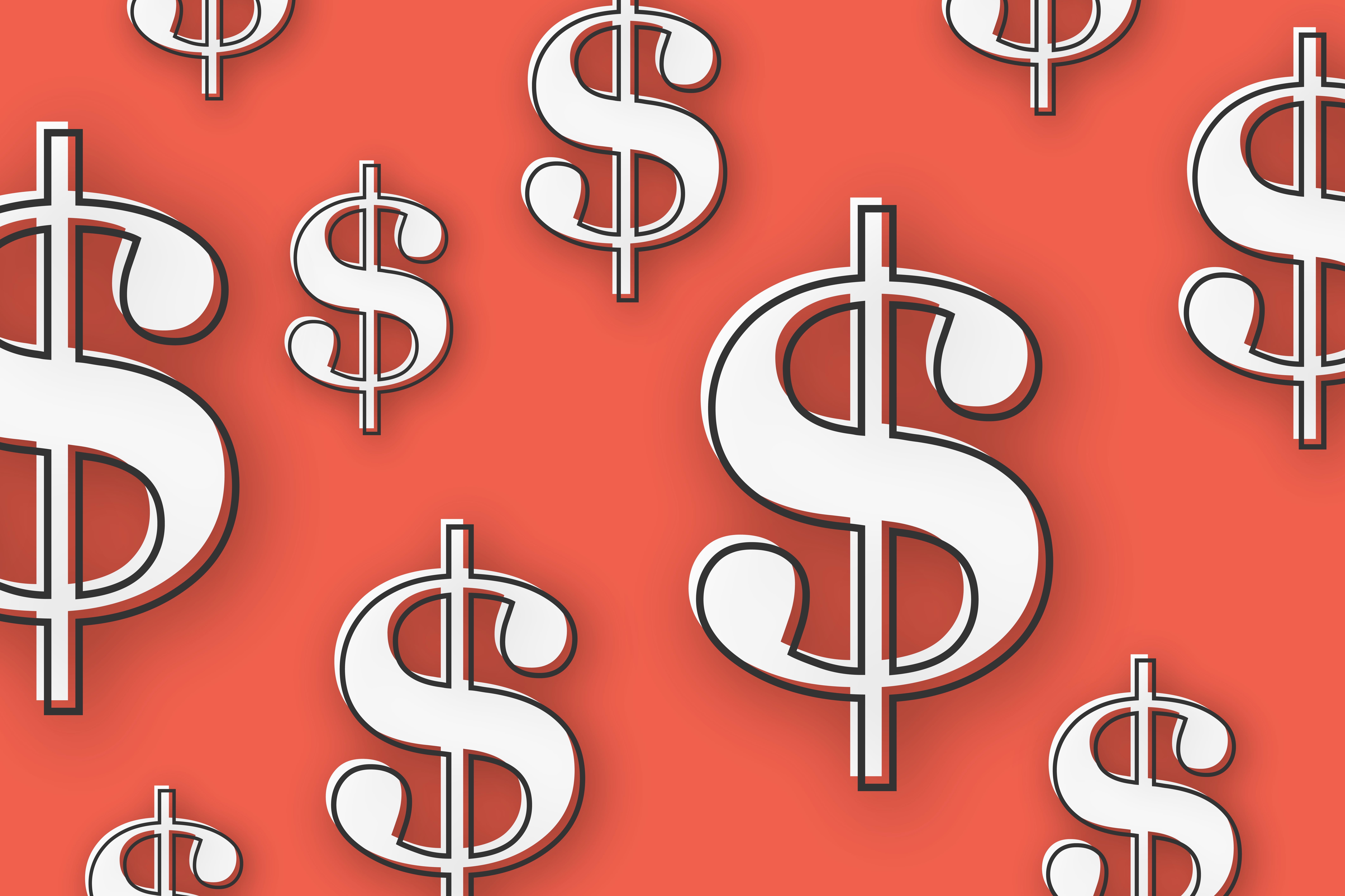 Multiple dollar sign symbols on a red background.