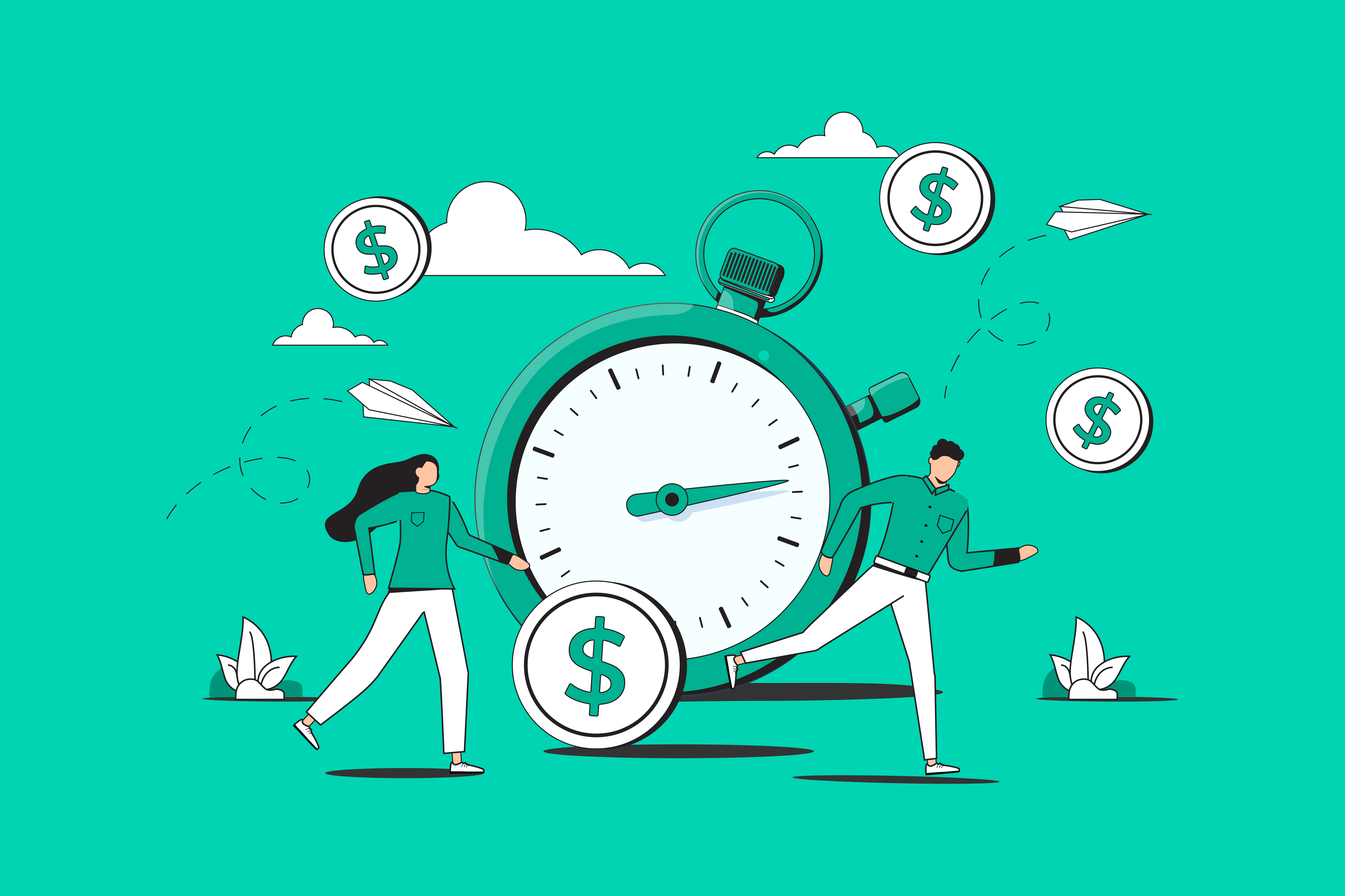 Illustration for a blog featuring two people with a large clock and flying money, representing the concept of time management, efficiency, or the relationship between time and money.